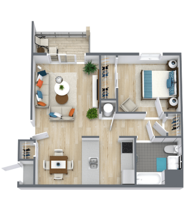 Floor plan for 1 bed, 1 bath, 750 sqft